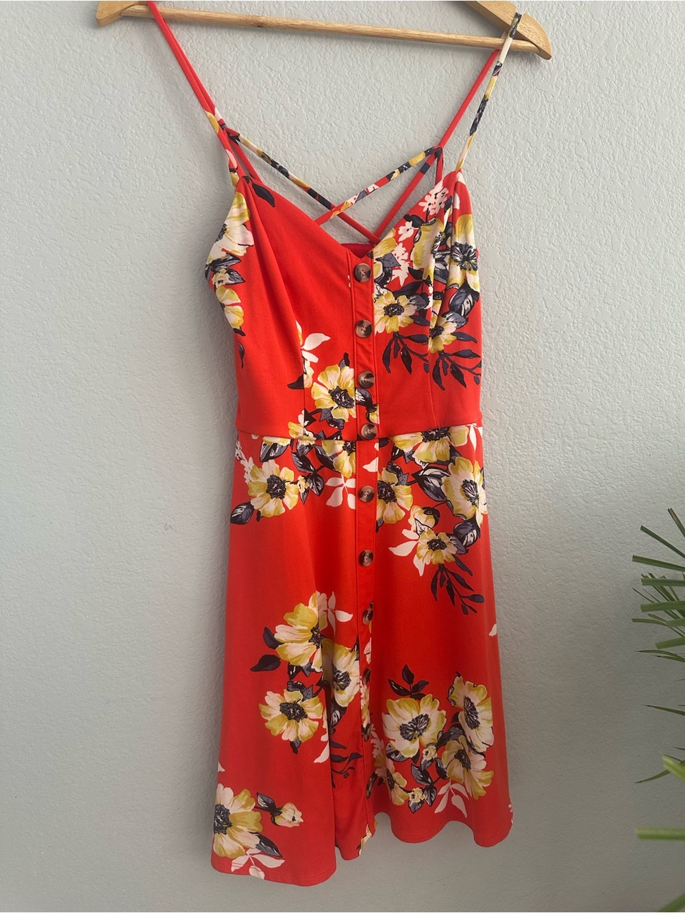 Orange Floral Button-Front Sundress with Spaghetti Straps